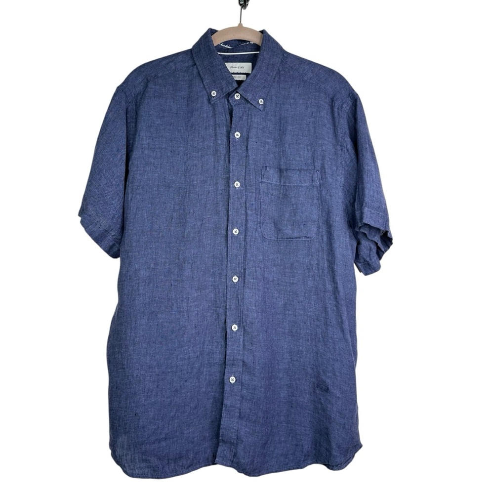 Porter & Ash Shirt Men's Large Blue Linen Short Sleeve Button Down Top Collared